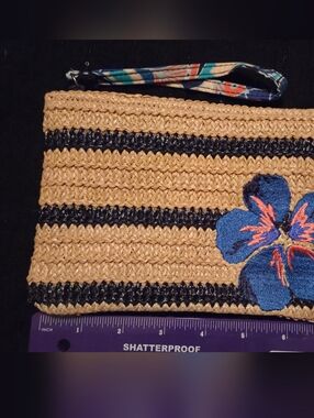Vera Bradley Straw Clutch Wristlet with Blue Floral Applique